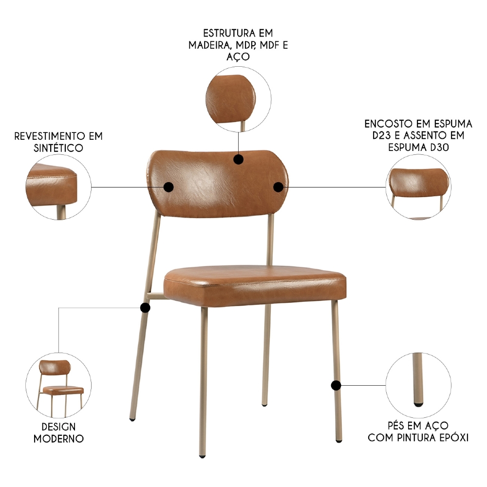 Cadeira Jantar Estofada Pé Metal Rosê Kit 4 Lavy Sintético Amarula S08 - Mpozenato