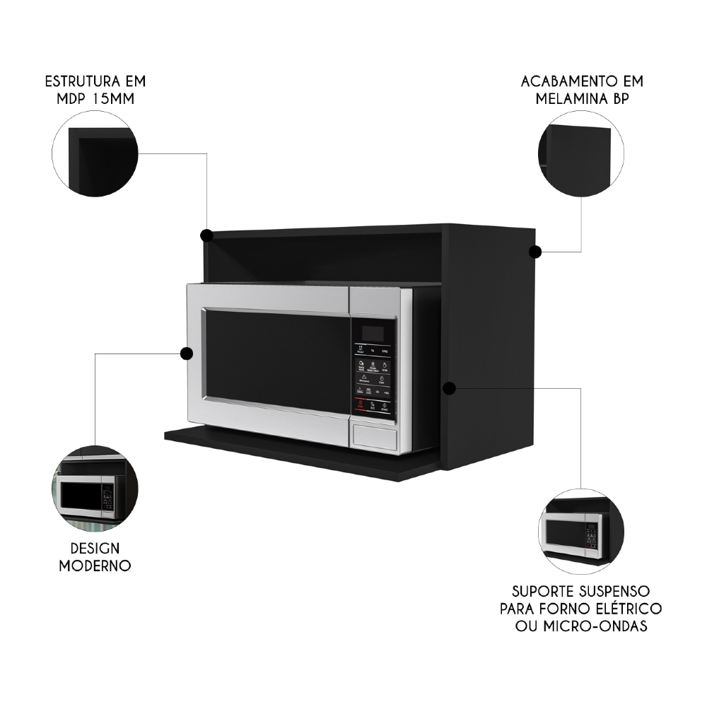 Suporte Microondas e Forno Elétrico Aéreo 60cm Itália Preto - Lumil