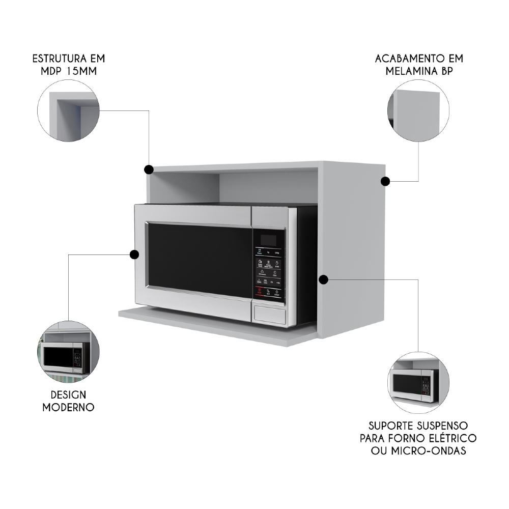 Suporte Microondas e Forno Elétrico Aéreo 60cm Itália Cinza Claro - Lumil