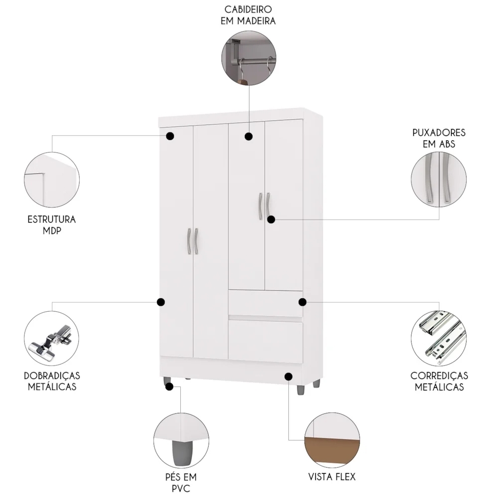 Guarda Roupa Solteiro 103cm 4 Portas Mayra Flex Branco V02 - Mpozenato