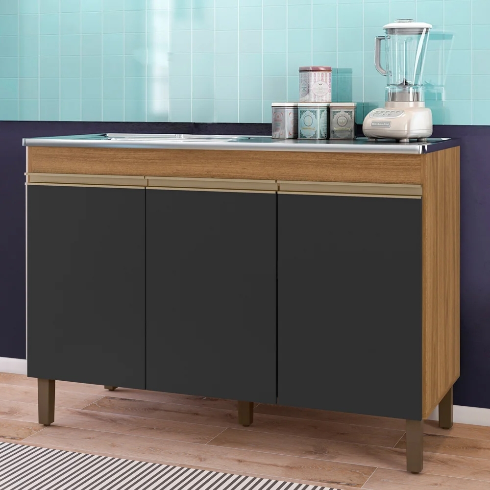 Balcão Gabinete Com Pia 120cm 3 Portas Karen P14 Nature/Preto Fosco - Mpozenato