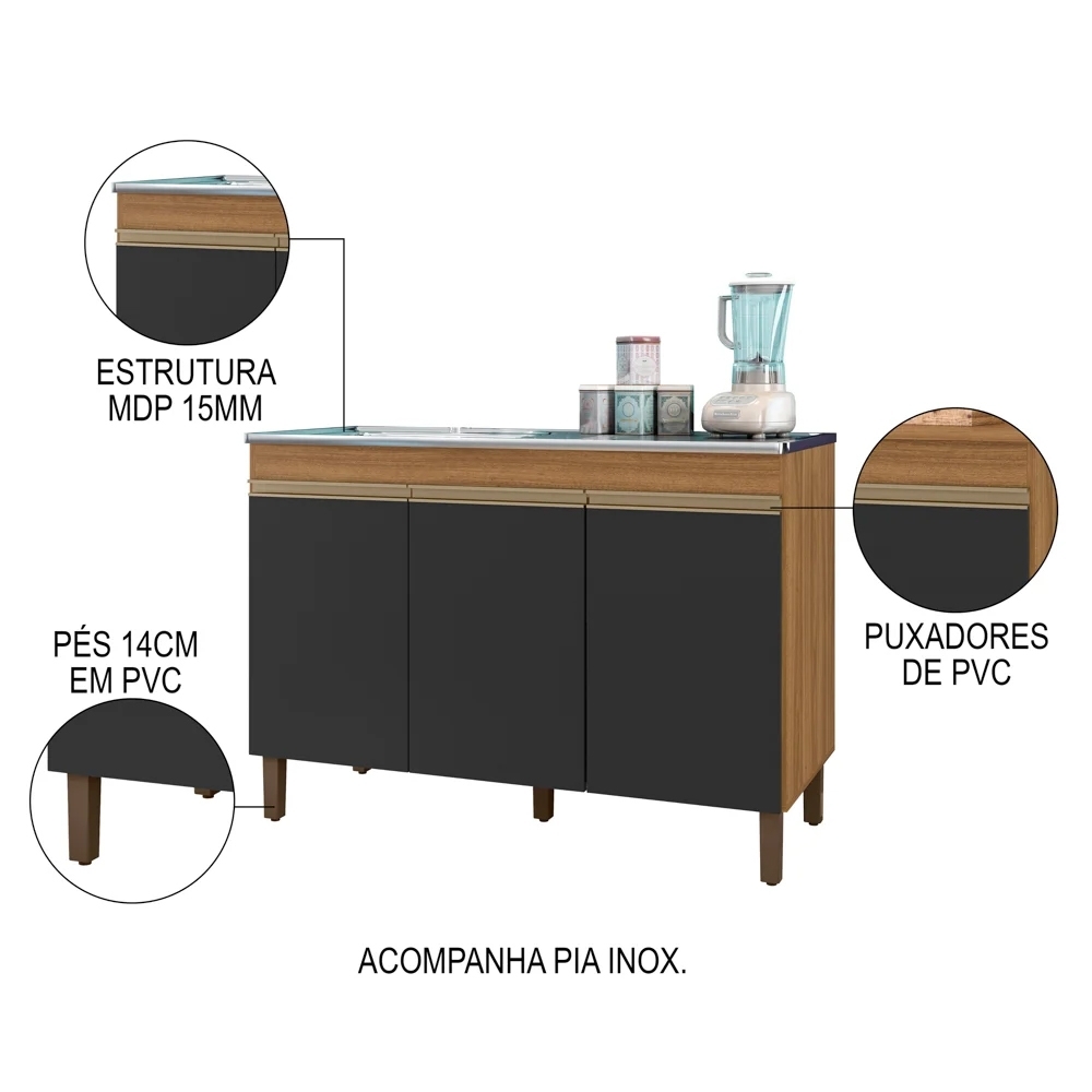 Balcão Gabinete Com Pia 120cm 3 Portas Karen P14 Nature/Preto Fosco - Mpozenato