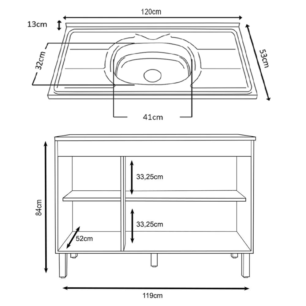 Balcão Gabinete Com Pia 120cm 3 Portas Karen P14 Nature/Preto Fosco - Mpozenato