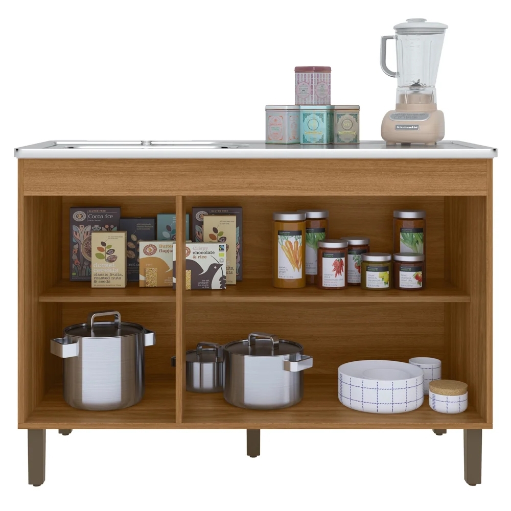 Balcão Gabinete Com Pia 120cm 3 Portas Karen P14 Nature/Preto Fosco - Mpozenato