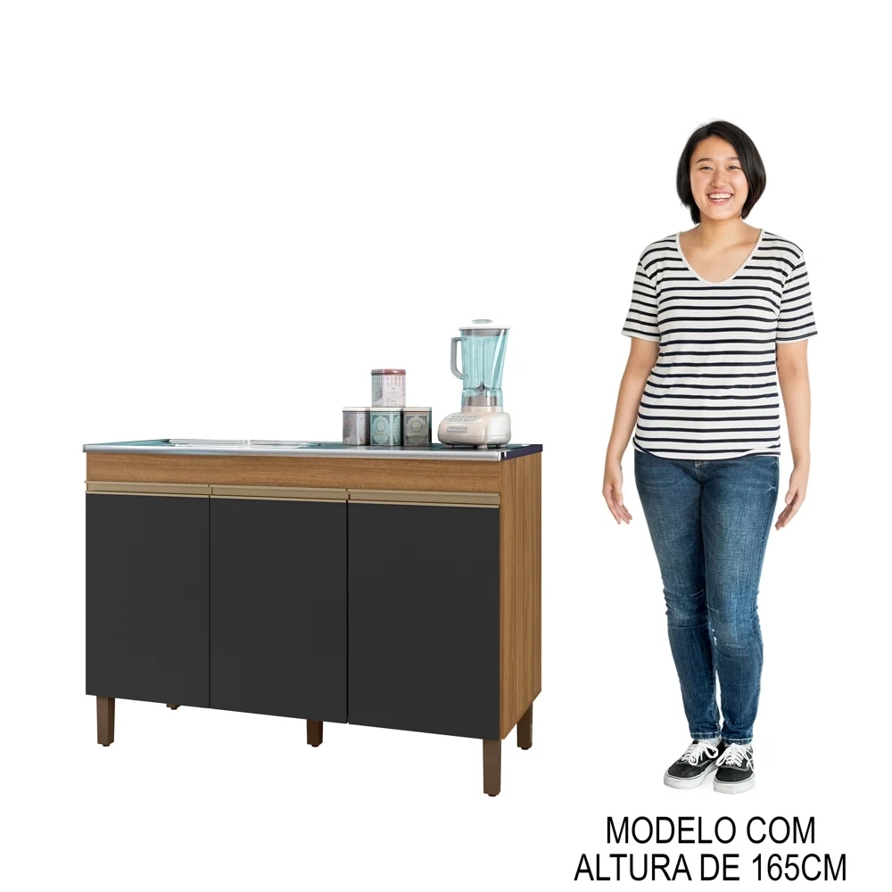 Balcão Gabinete Com Pia 120cm 3 Portas Karen P14 Nature/Preto Fosco - Mpozenato