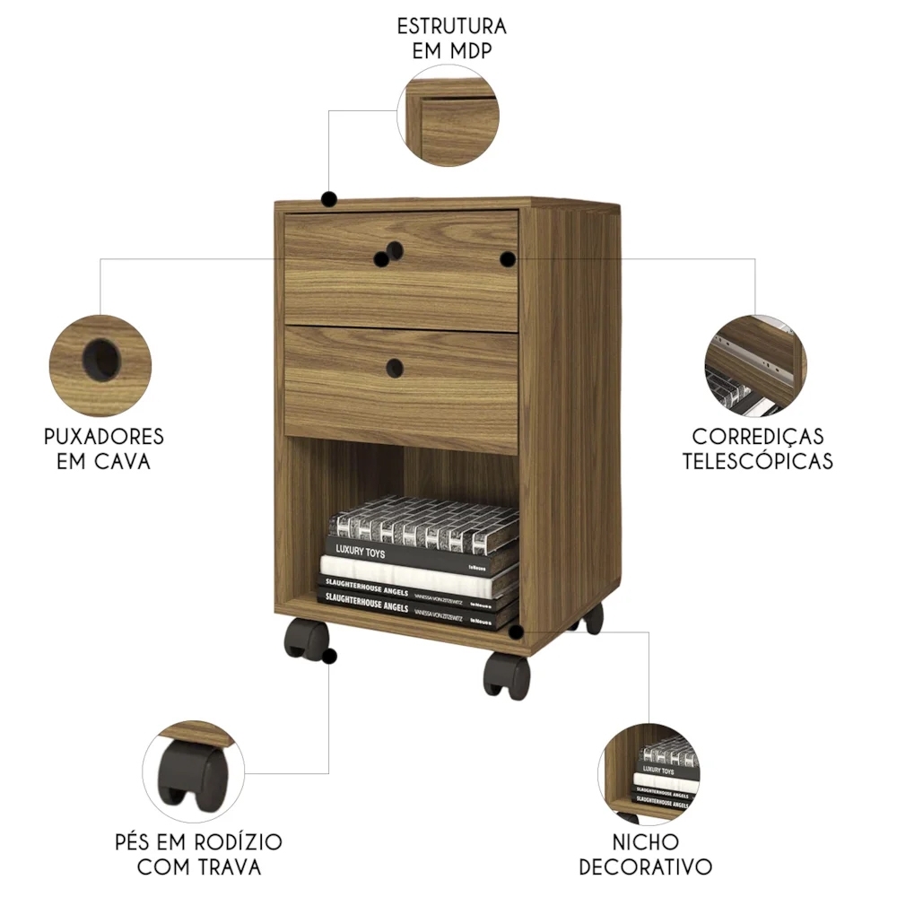 Gaveteiro Escritório 38cm 2 Gavetas e Nicho Una Mel C01 - Mpozenato