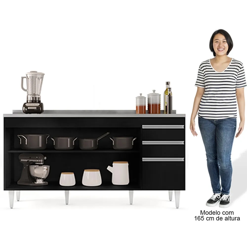 Balcão Gabinete com Pia Inox 160cm Arkansas Preto – Lumil