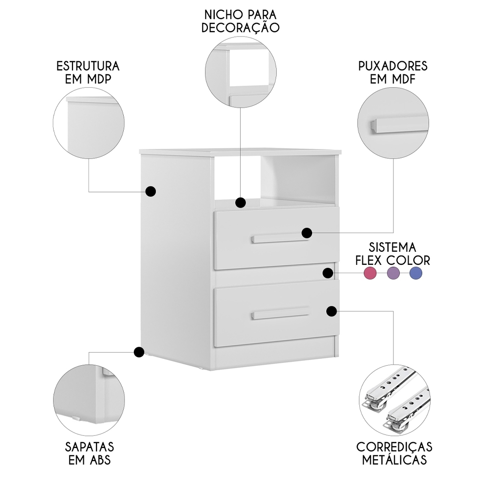 Mesa de Cabeceira Ares Flex Z17 Branco/Rosa/Azul/Lilás - Mpozenato