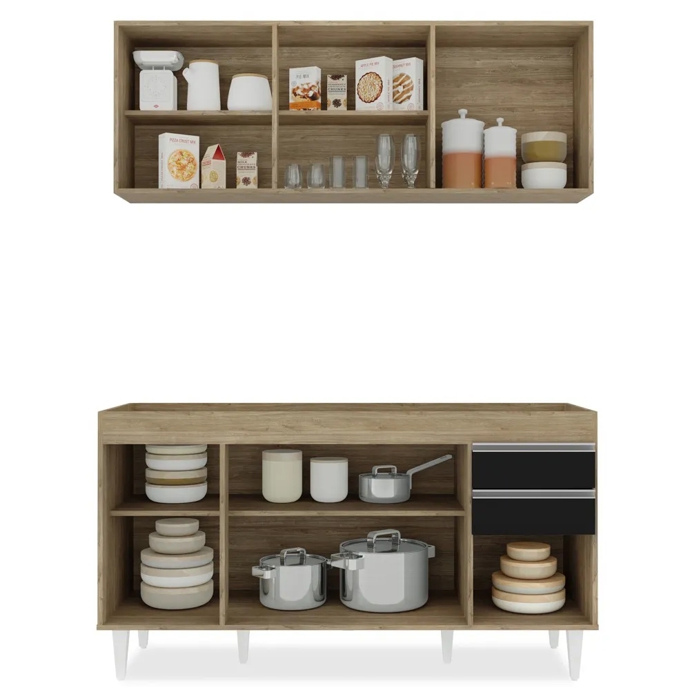 Armário Aéreo Argélia e Balcão Gabinete Para Pia 150cm sem Tampo Marrocos Castanho/Preto - Lumil Móveis