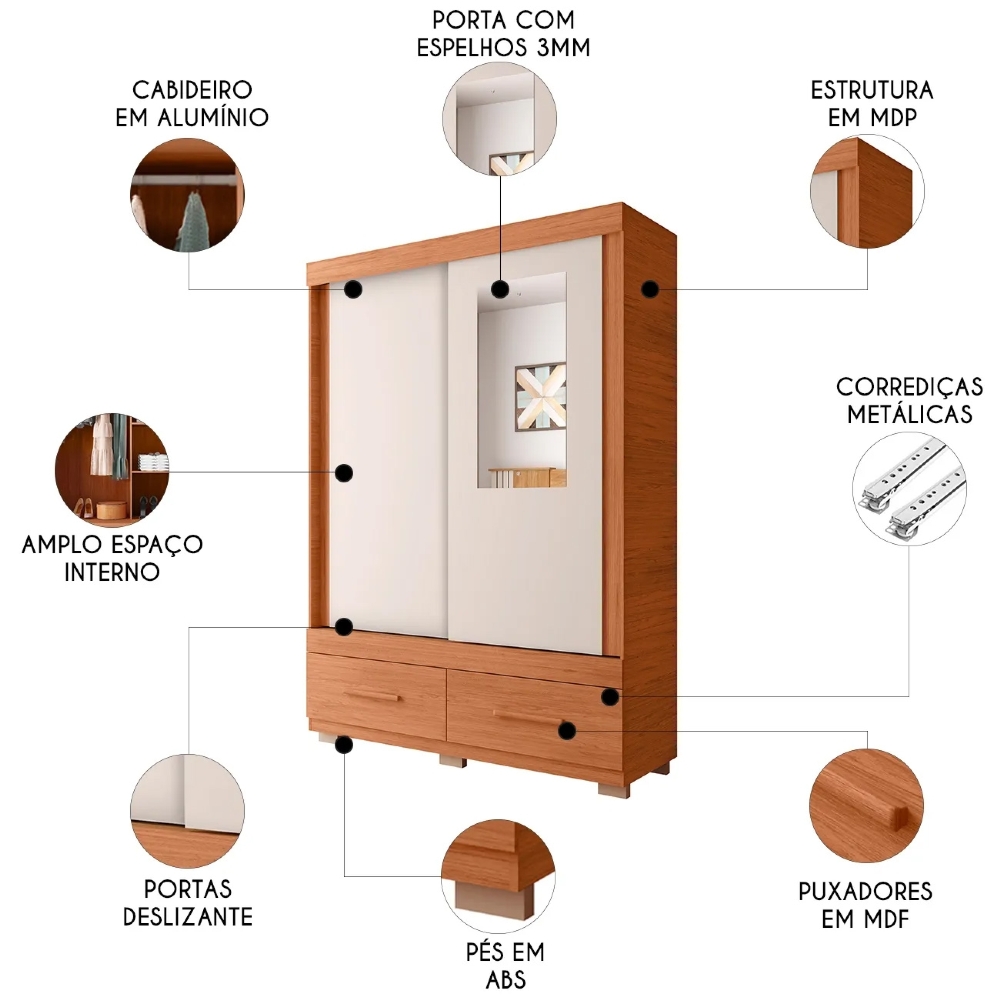 Guarda Roupa Solteiro 137cm Com Espelho Darius Freijó/Off C01 - Mpozenato