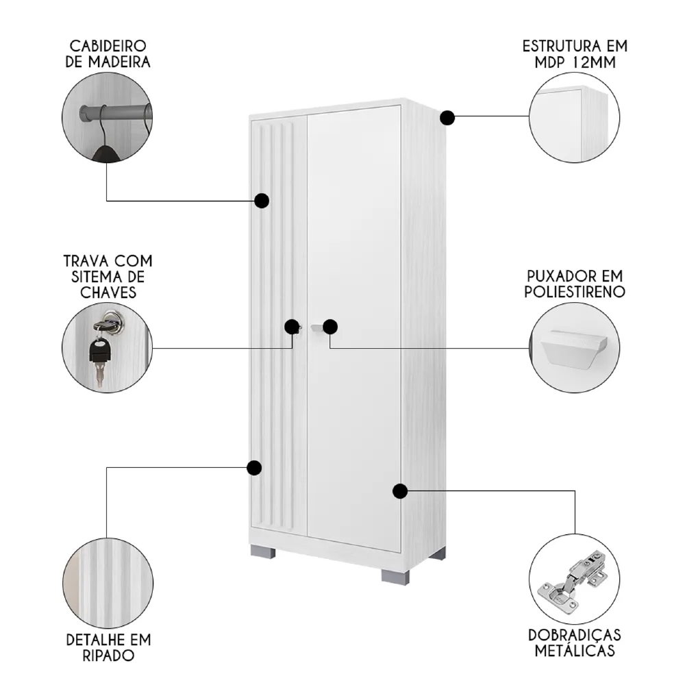 Guarda Roupa Solteiro 2 Portas com Chave Versus Carvalho Branco/Branco - Incorplac