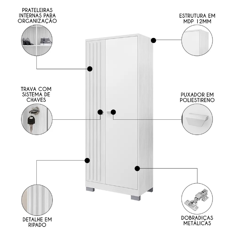 Sapateira Vertical Multiuso com Chave Versus Carvalho Branco/Branco - Incorplac
