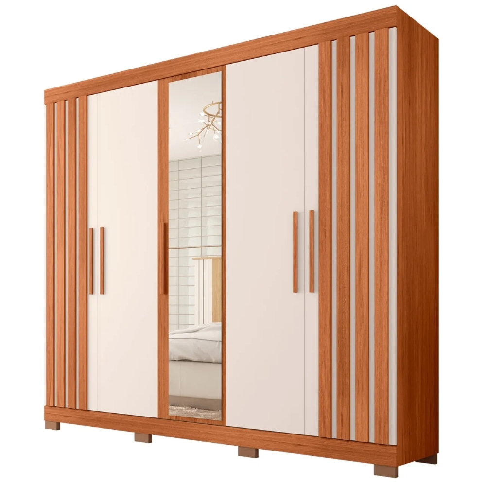 Guarda Roupa Casal 216cm 5 Portas Espelho Sulla Freijó/Off C01 - Mpozenato