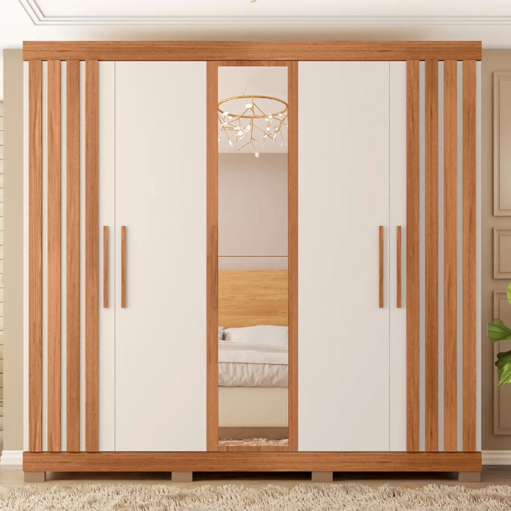 Guarda Roupa Casal 216cm 5 Portas Espelho Sulla Freijó/Off C01 - Mpozenato