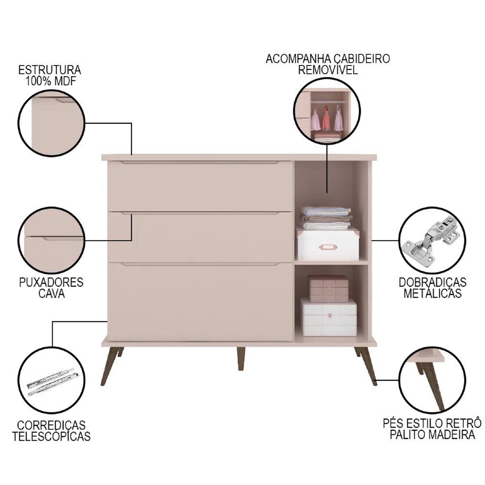 Jogo De Quarto Infantil Guarda Roupa e Cômoda 100% MDF Melinda Rosê - Phoenix
