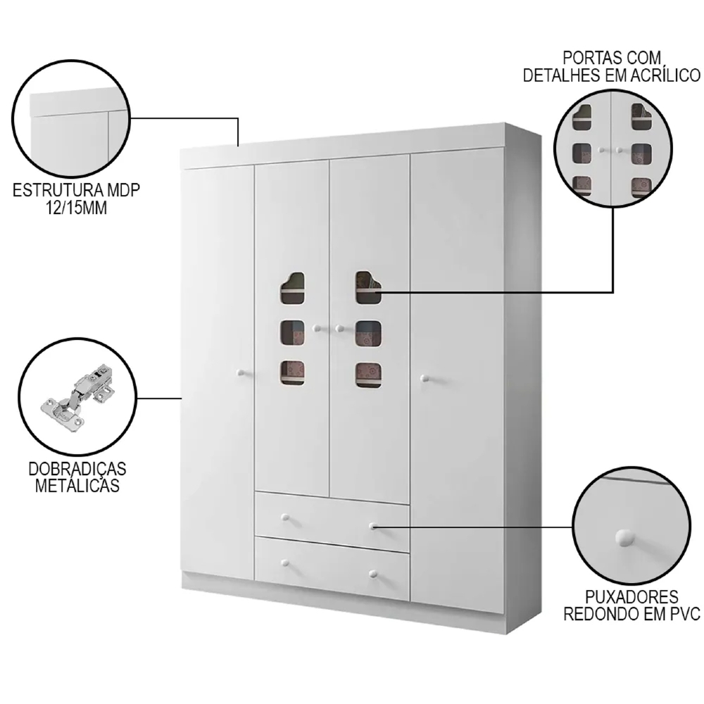 Guarda Roupa Infantil  04 Portas 100% MDF Livia Branco - Phoenix
