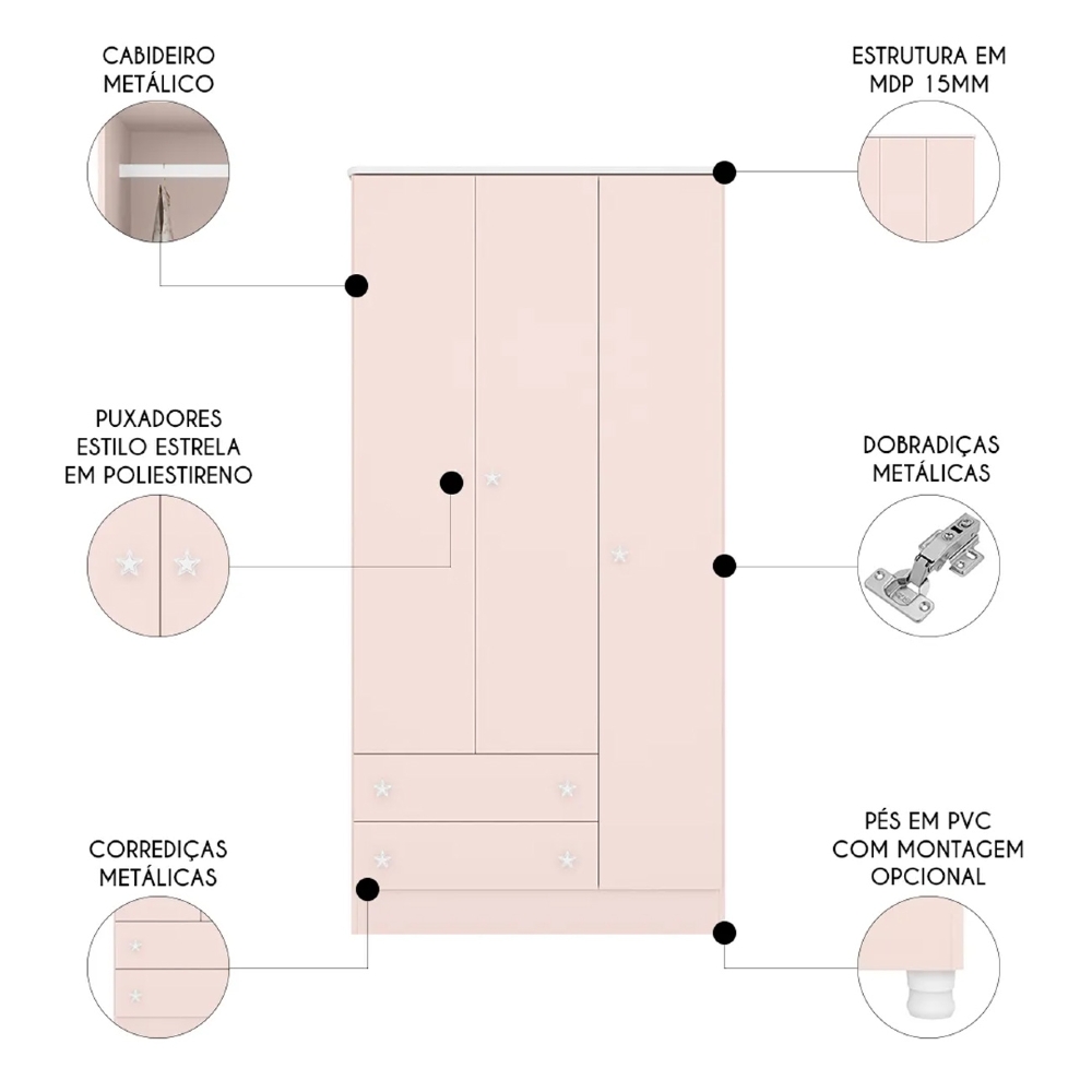 Guarda Roupa Infantil 3 Portas 2 Gavetas Doce Sonho Rosa - Qmovi