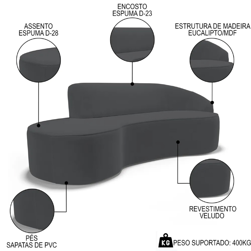 Sofá Living  4 Lugares 300cm Braço Direito Mozart D06 Veludo Cinza - Mpozenato
