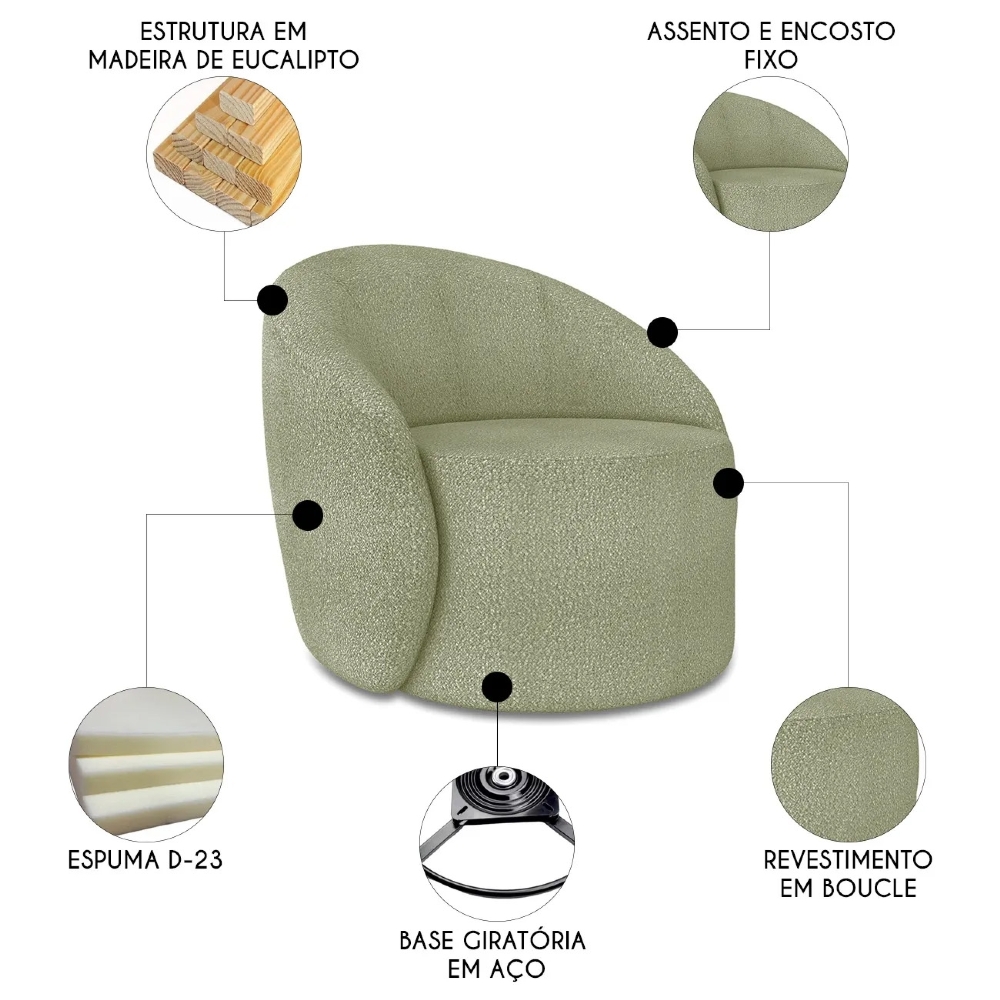 Poltrona Sala Giratória Redonda 91cm Steve Boucle Pistache  I01  - Mpozenato