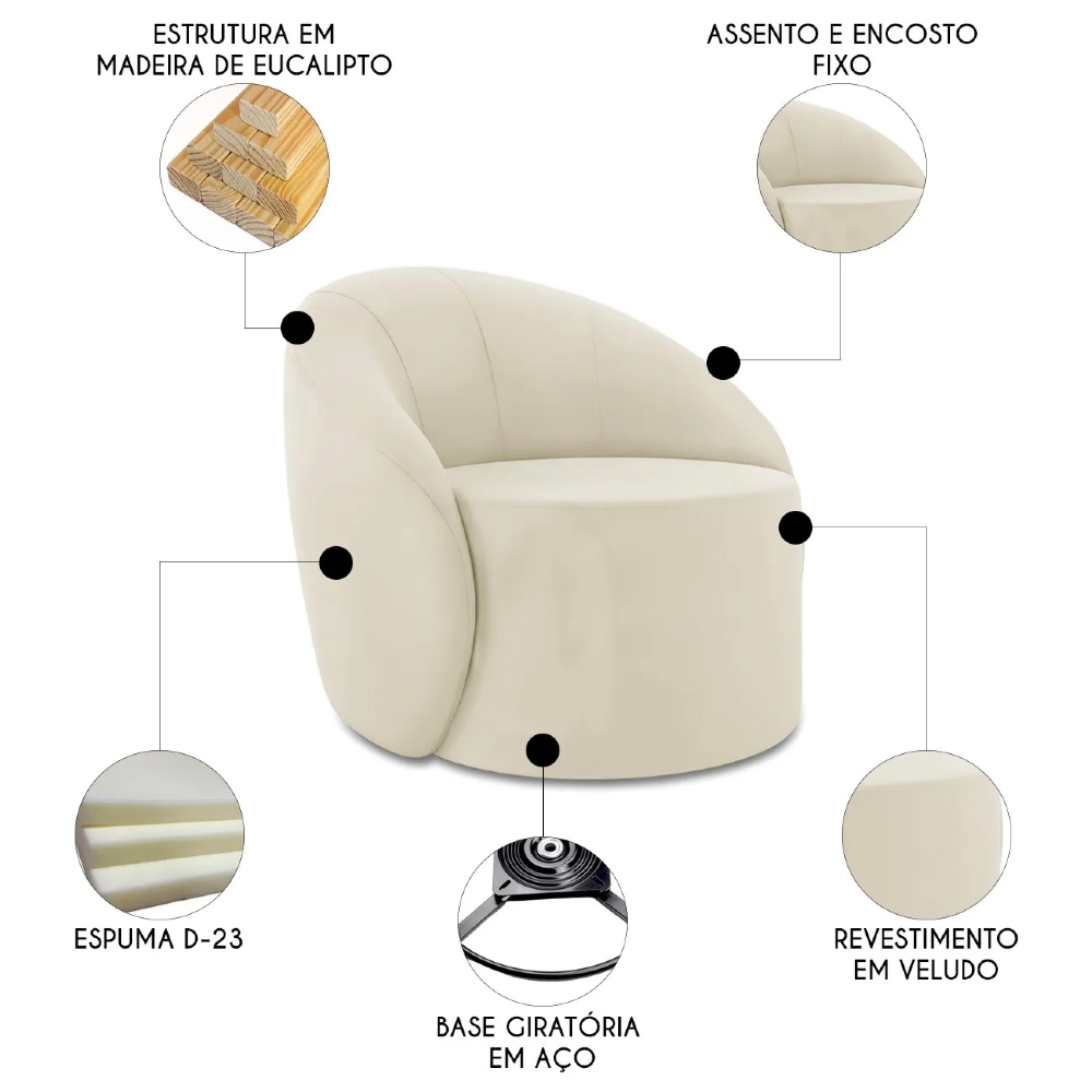 Poltrona Sala Giratória Redonda 91cm Steve Veludo Bege  I01  - Mpozenato