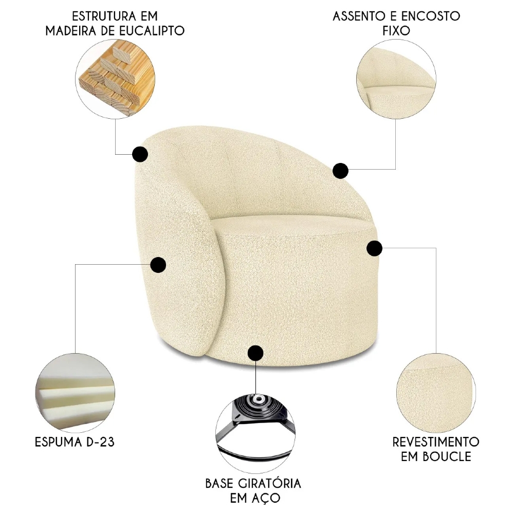 Poltrona Sala Giratória Redonda 91cm Steve Boucle Bege  I01  - Mpozenato
