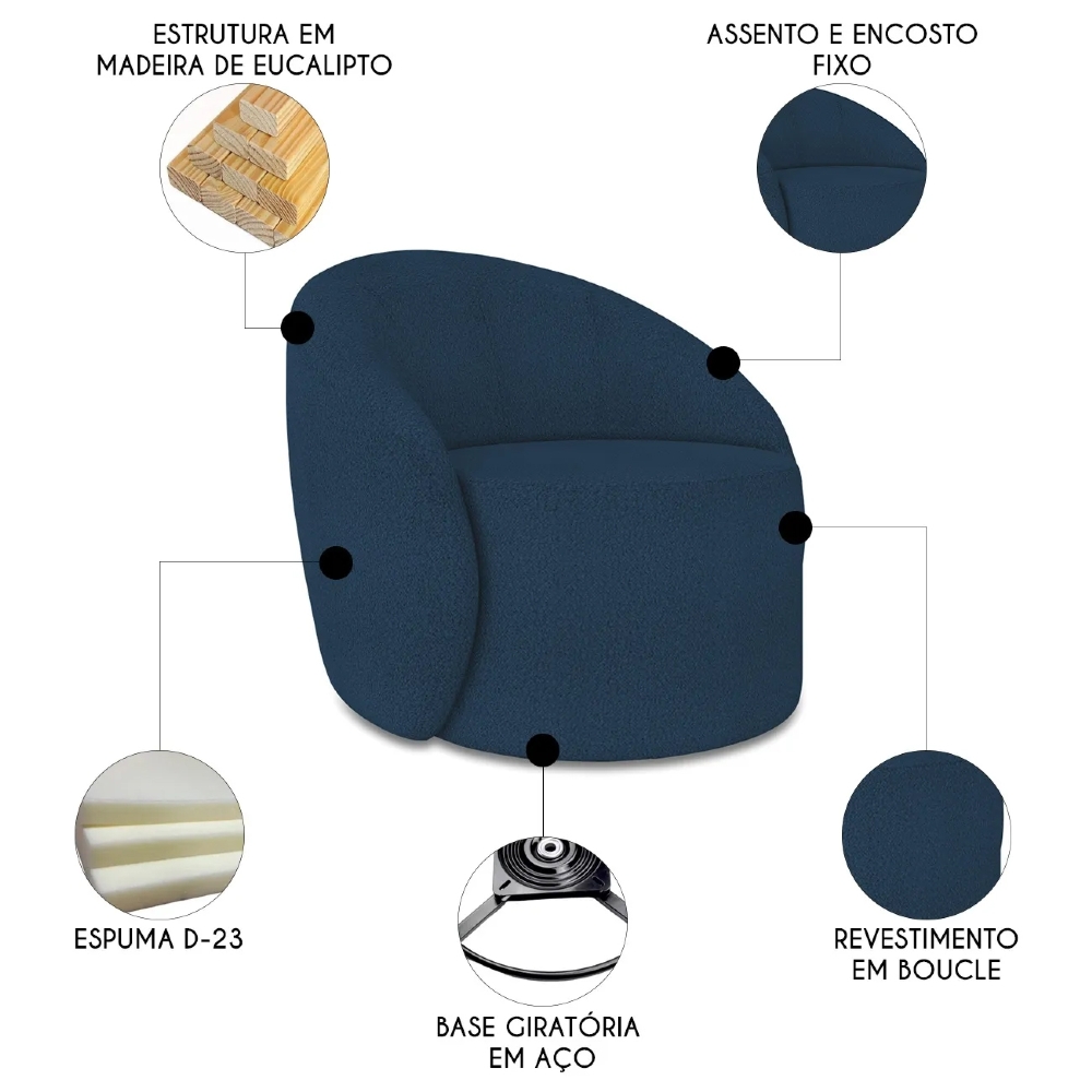 Poltrona Sala Giratória Redonda 91cm Steve Boucle Azul  I01  - Mpozenato