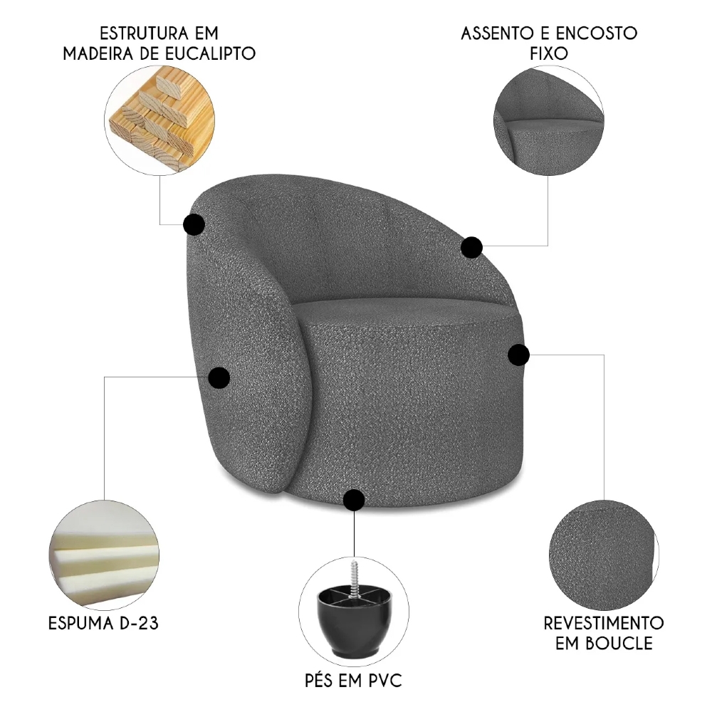 Poltrona Sala Decorativa Redonda 91cm Steve Boucle Grafite  I01  - Mpozenato