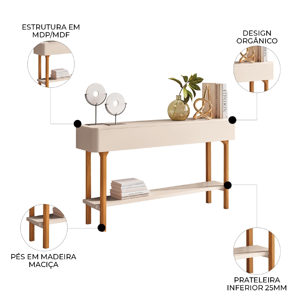 Aparador Sala de Estar 136cm Com Prateleira Janis Off White H01 - Mpozenato