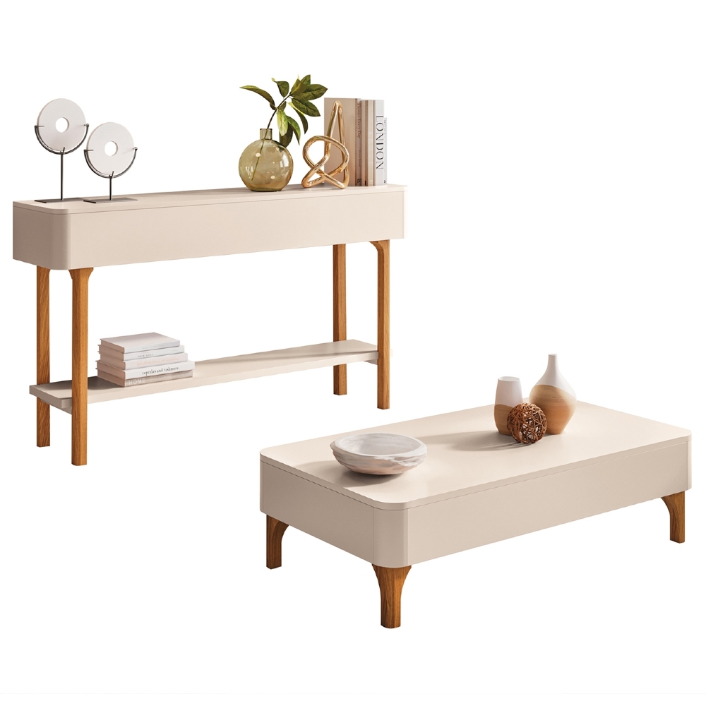 Aparador Sala de Estar Fiero e Mesa de Centro Liz Off White - HB Móveis