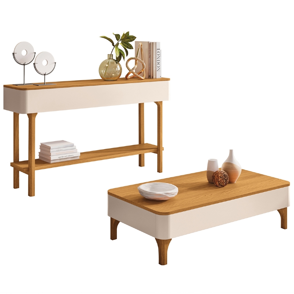 Aparador Sala de Estar Fiero e Mesa de Centro Liz Off/Cinamomo - HB Móveis