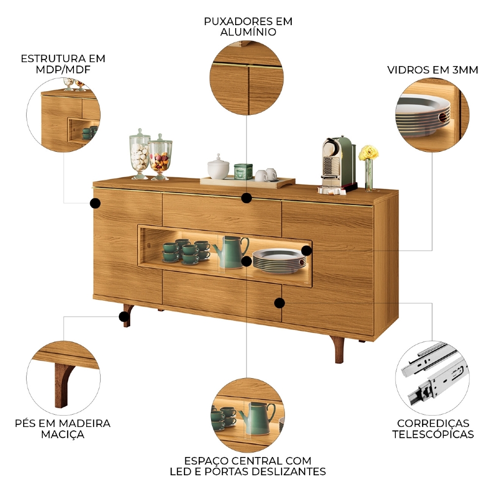 Buffet Aparador 160cm Com LED 3 Portas Islam Cinamomo H01 - Mpozenato