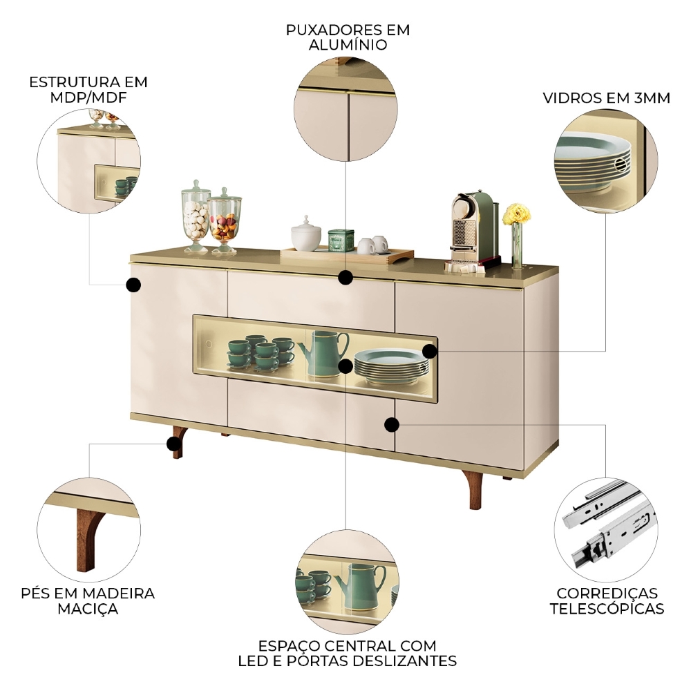 Buffet Aparador 160cm Com LED 3 Portas Islam Off/Champanhe H01 - Mpozenato