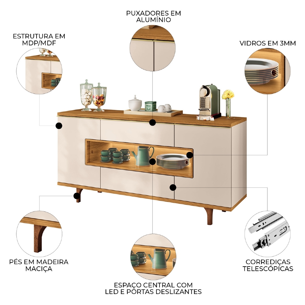 Buffet Aparador 160cm Com LED 3 Portas Murano Off/Cinamomo - HB Móveis