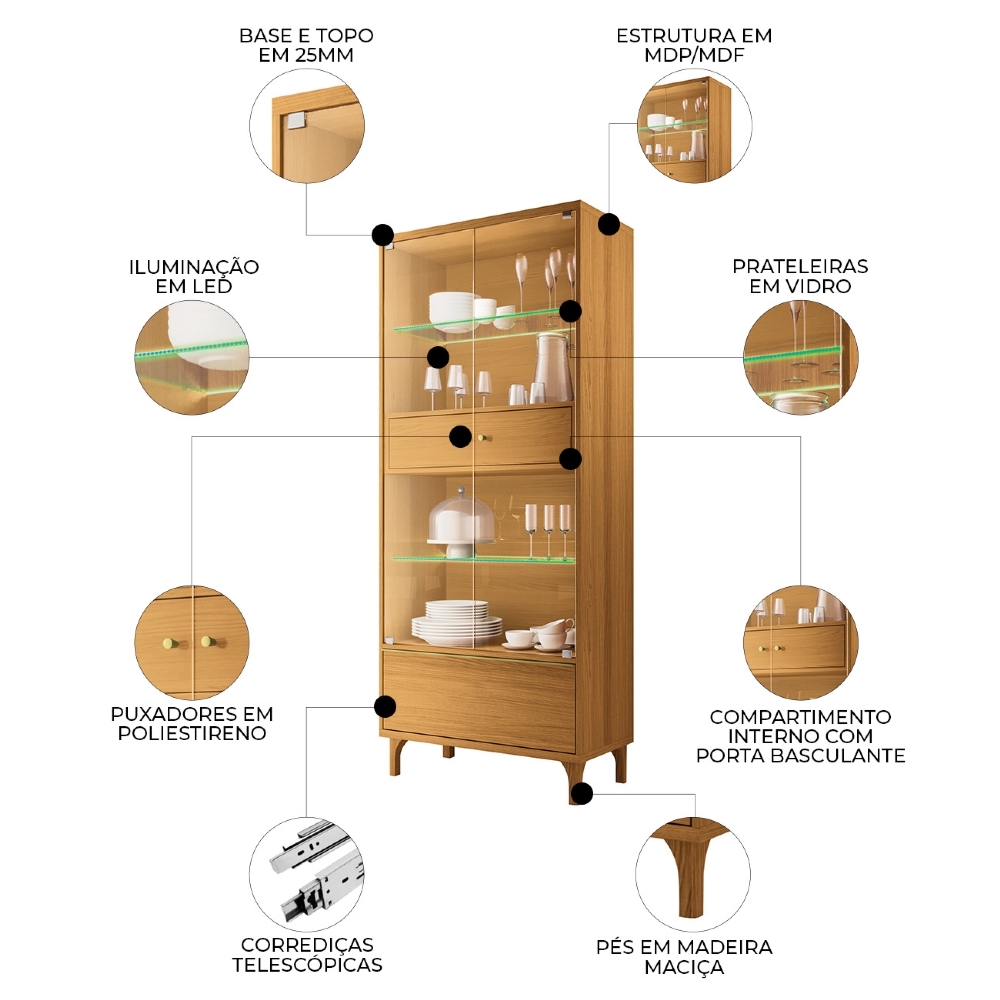Cristaleira Portas de Vidro Com LED 76cm Delux Cinamomo H01 - Mpozenato