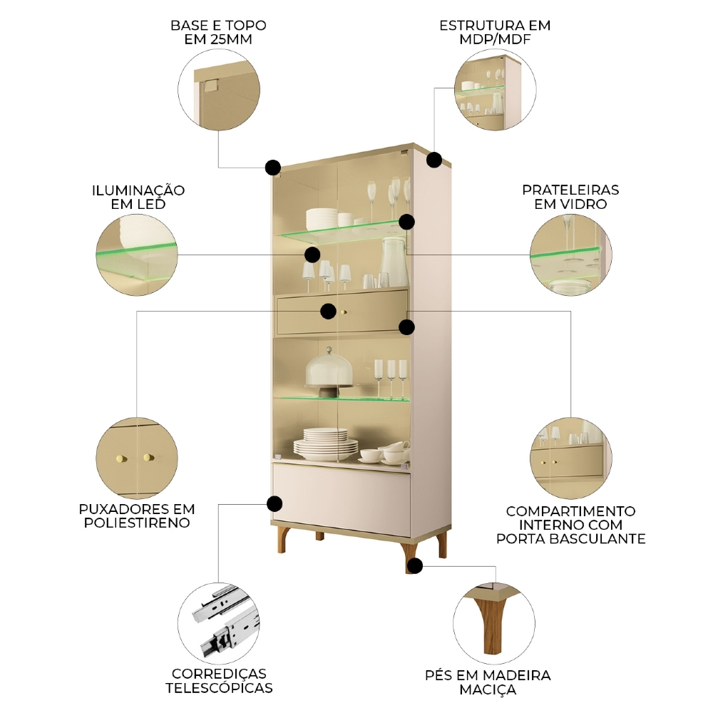 Cristaleira Portas de Vidro Com LED 76cm Delux Off/Champanhe H01 - Mpozenato
