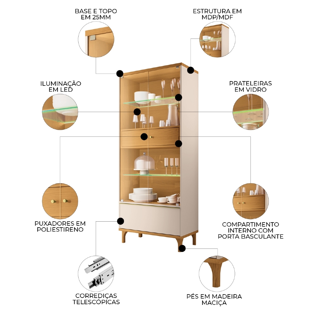 Cristaleira Portas de Vidro Com LED 76cm Delux Off/Cinamomo H01 - Mpozenato