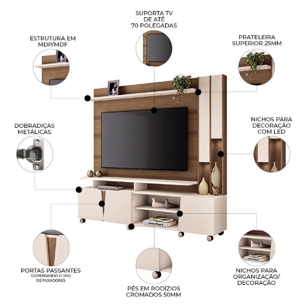 Estante Painel TV 70 Pol 200cm com LED Virtus Castanho/Off - HB Móveis