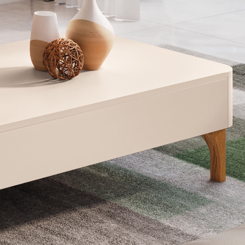 Mesa de Centro Baixa Para Sala Pé Madeira Liz Off White - HB Móveis