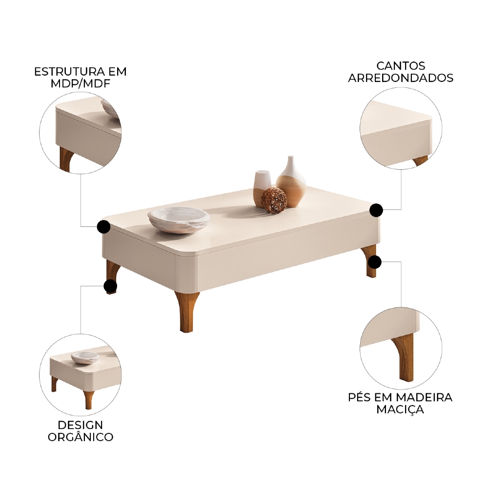Mesa de Centro Baixa Para Sala Pé Madeira Liz Off White - HB Móveis