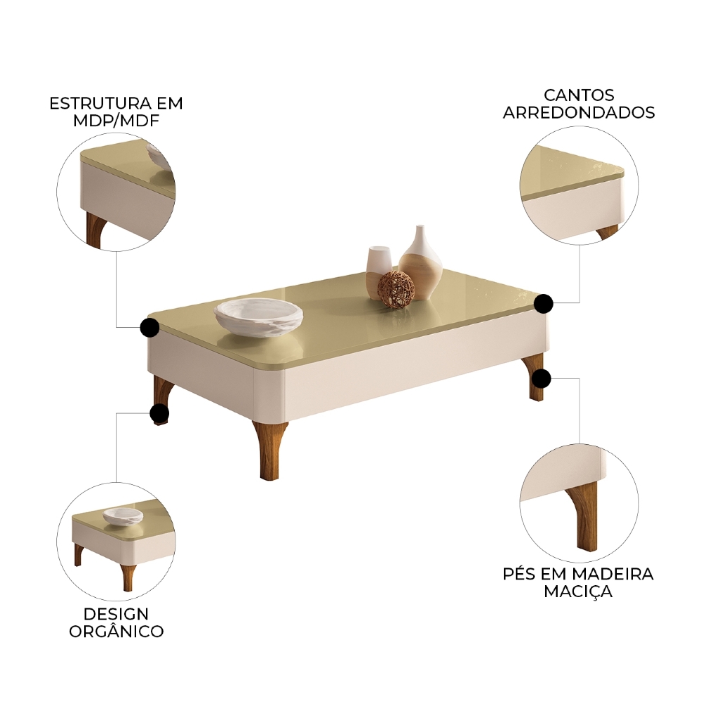 Mesa de Centro Baixa Para Sala Pé Madeira Liz Off/Champanhe - HB Móveis