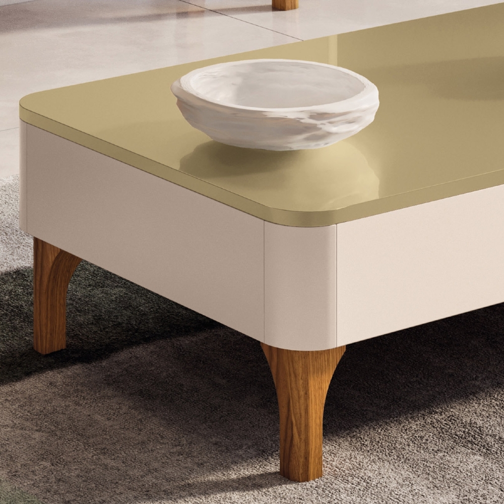 Mesa de Centro Baixa Para Sala Pé Madeira Liz Off/Champanhe - HB Móveis