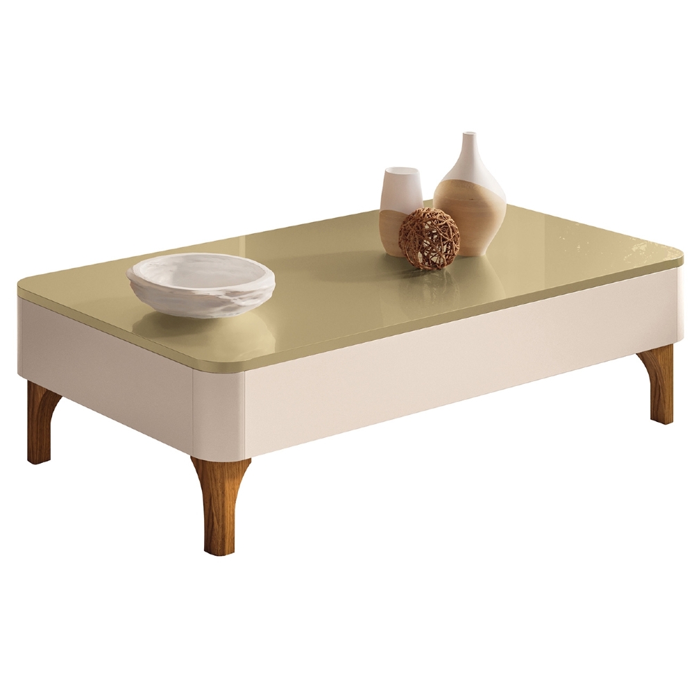 Mesa de Centro Baixa Para Sala Pé Madeira Liz Off/Champanhe - HB Móveis