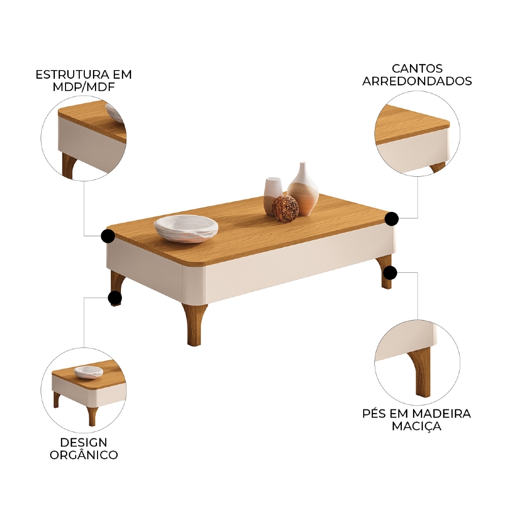 Mesa de Centro Baixa Para Sala Pé Madeira Liz Off/Cinamomo - HB Móveis