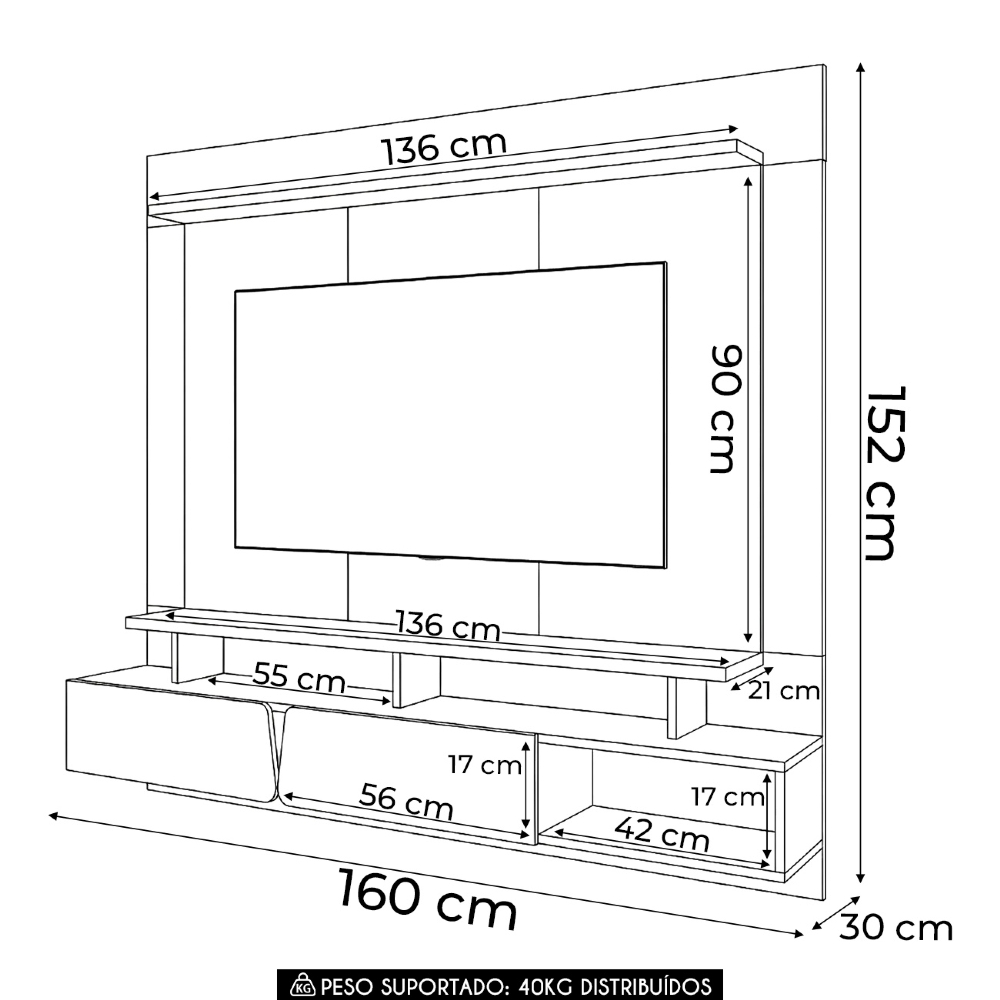 Painel TV 65 Pol 160cm Bancada Suspensa Pietro Cinamomo/Off H01 - Mpozenato