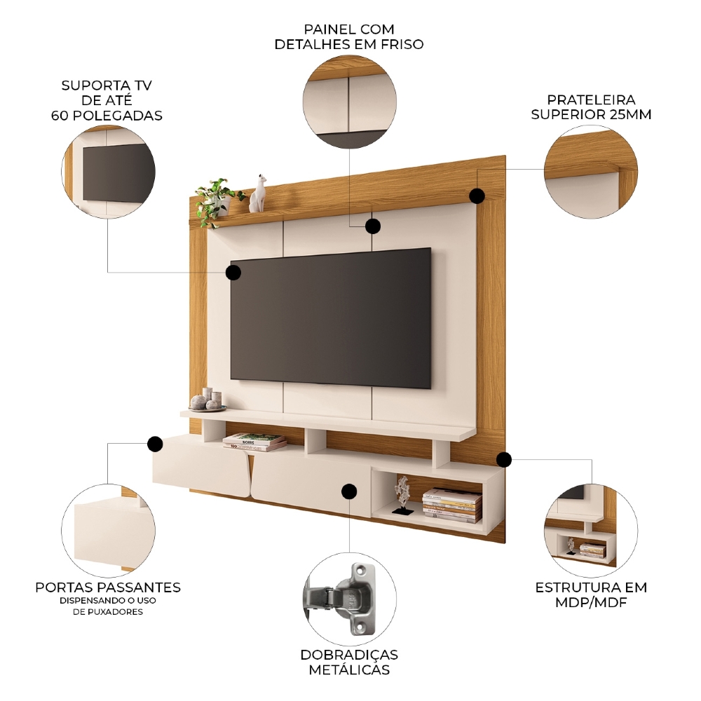 Painel TV 65 Pol 160cm Bancada Suspensa Pietro Off/Cinamomo H01 - Mpozenato