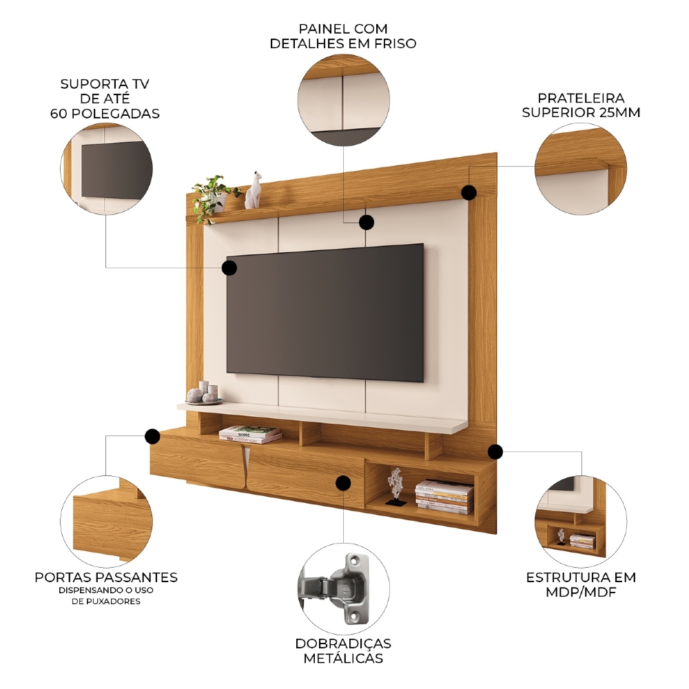 Painel TV 65 Pol 160cm Bancada Suspensa Zenith Cinamomo/Off - HB Móveis