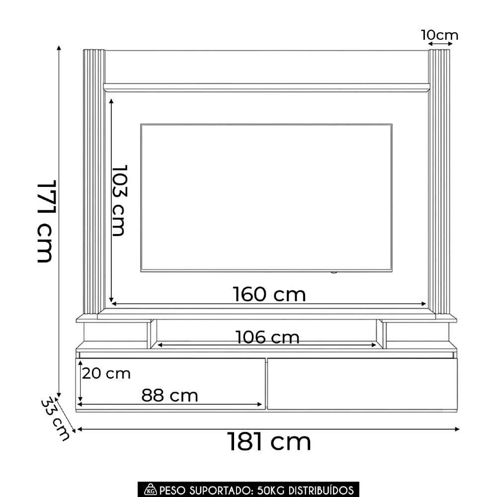 Painel TV 65 Pol 181cm Bancada Suspensa Astor Castanho/Off - HB Móveis
