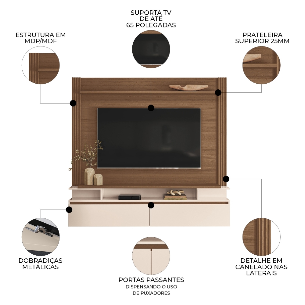 Painel TV 65 Pol 181cm Bancada Suspensa Walle Castanho/Off H01 - Mpozenato