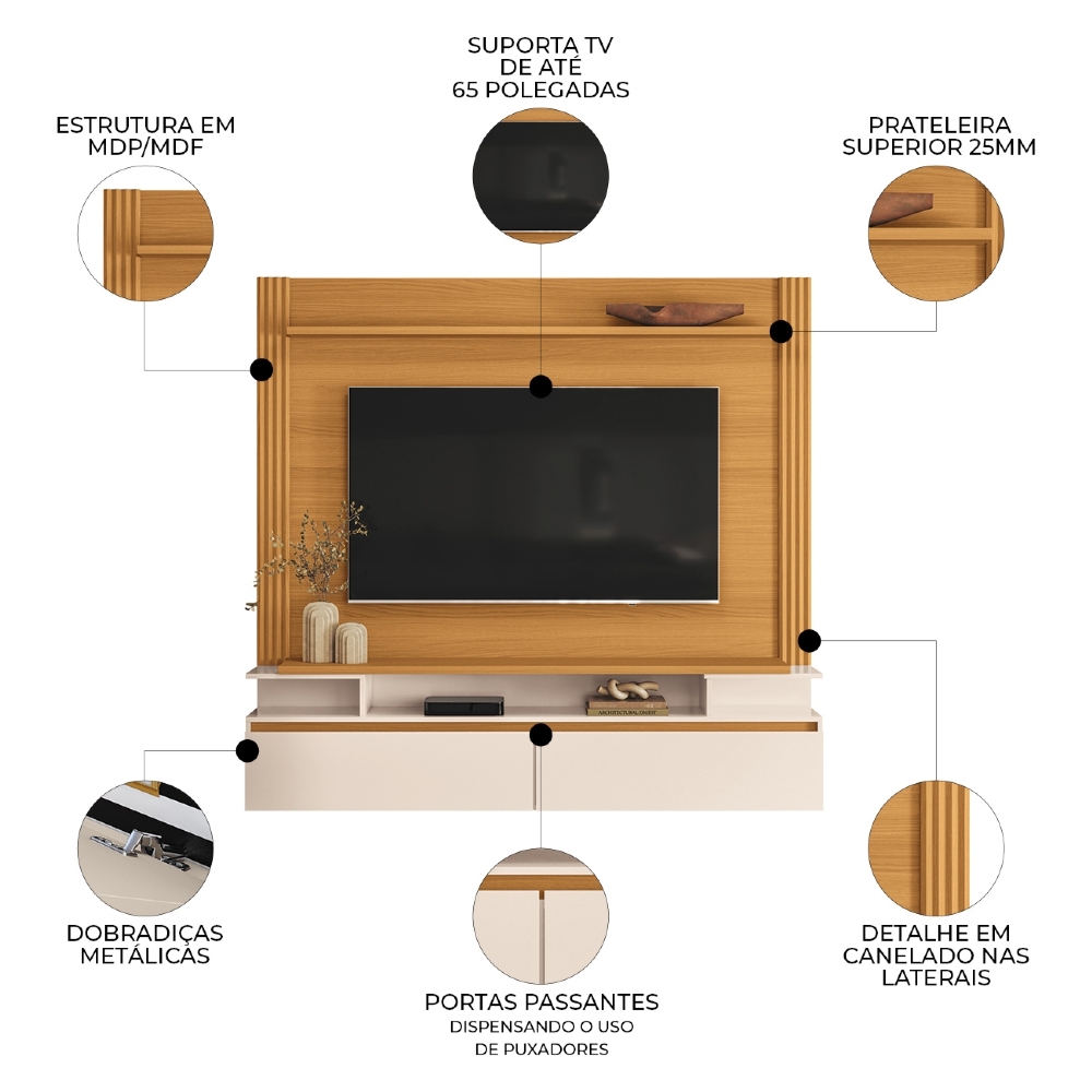 Painel TV 65 Pol 181cm Bancada Suspensa Walle Cinamomo/Off H01 - Mpozenato