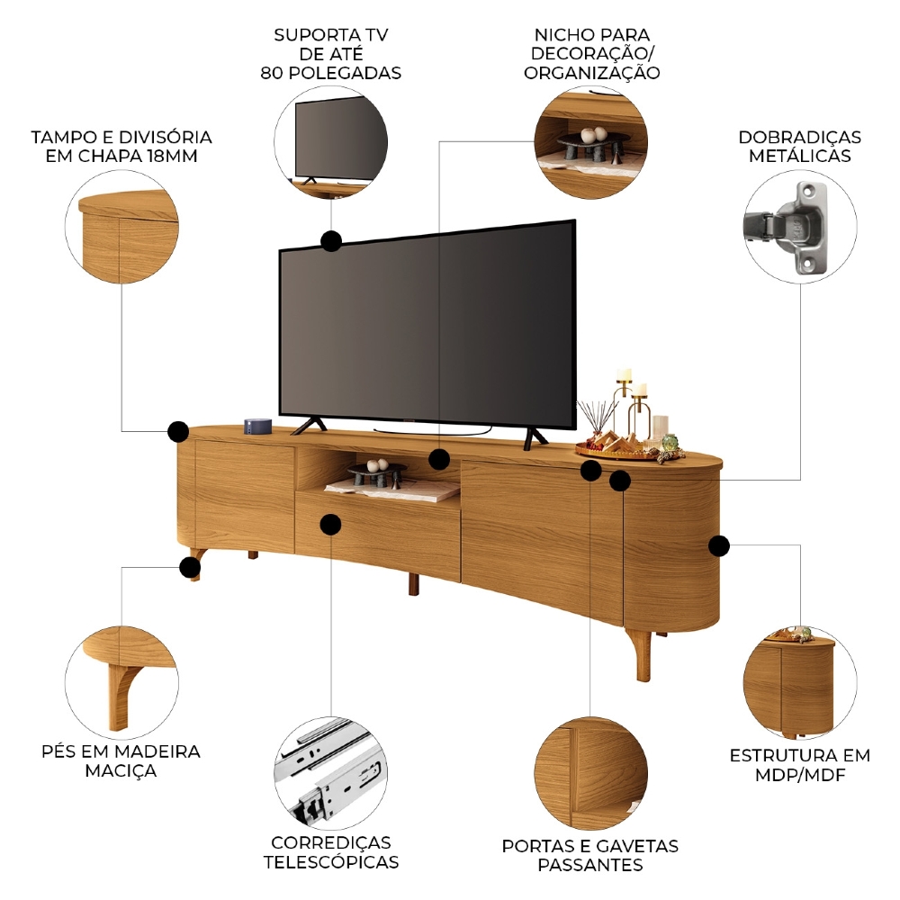 Rack Bancada TV 80 Pol 201cm Desing Orgânico Elara Cinamomo - HB Móveis